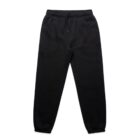 Black sweatpants with an elastic waistband and cuffs, laid flat on a white background.