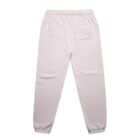 White sweatpants with an elastic waistband and ankle cuffs, featuring a back pocket.