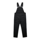 Black denim overalls with front pockets, displayed flat on a white background.
