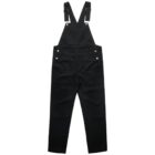 Black denim overalls with adjustable shoulder straps and front pocket, laid flat.
