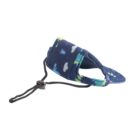Blue fabric visor with dinosaur pattern and adjustable string.