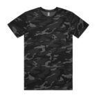 Black and grey camouflage-patterned short-sleeve t-shirt on a white background.