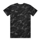 Black and gray camouflage pattern t-shirt laid flat, viewed from the back.