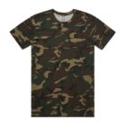 Green and brown camouflage-patterned short-sleeve t-shirt on a white background.