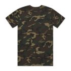 Back view of a short-sleeve t-shirt with a green, brown, and black camouflage pattern.