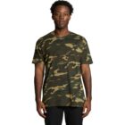 A man wearing a green and brown camouflage t-shirt and black pants stands facing forward.