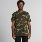 Man wearing a green camouflage t-shirt and black pants stands facing forward against a gray background.