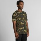 Man wearing a green and brown camouflage T-shirt and black pants, standing against a gray background.