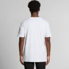 Man wearing a plain white t-shirt, seen from the back, against a gray background.