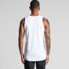 Man with tattoos wearing a white tank top, shown from the back against a plain background.