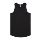 Plain black sleeveless tank top laid flat on a white background.