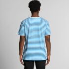 Person facing away, wearing a blue and white striped t-shirt and black pants.