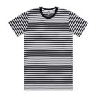 Black and white horizontal striped short-sleeve t-shirt on a white background.