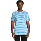 Man wearing a blue and white striped T-shirt and black pants, standing against a white background.
