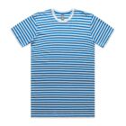 Blue and white horizontally striped short-sleeve t-shirt on a white background.