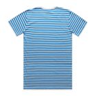 Blue and white striped short-sleeve t-shirt laid flat, viewed from the back.