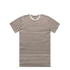 A brown and white horizontally striped short-sleeve t-shirt on a white background.