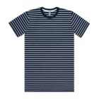 Navy blue t-shirt with white horizontal stripes, laid flat on a white background.