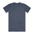 Navy blue t-shirt with thin white horizontal stripes, shown from the back.