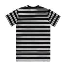 Black t-shirt with white horizontal stripes, shown flat from the back.
