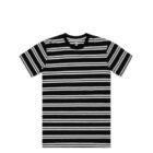 Black T-shirt with white horizontal stripes, laid flat on a white background.