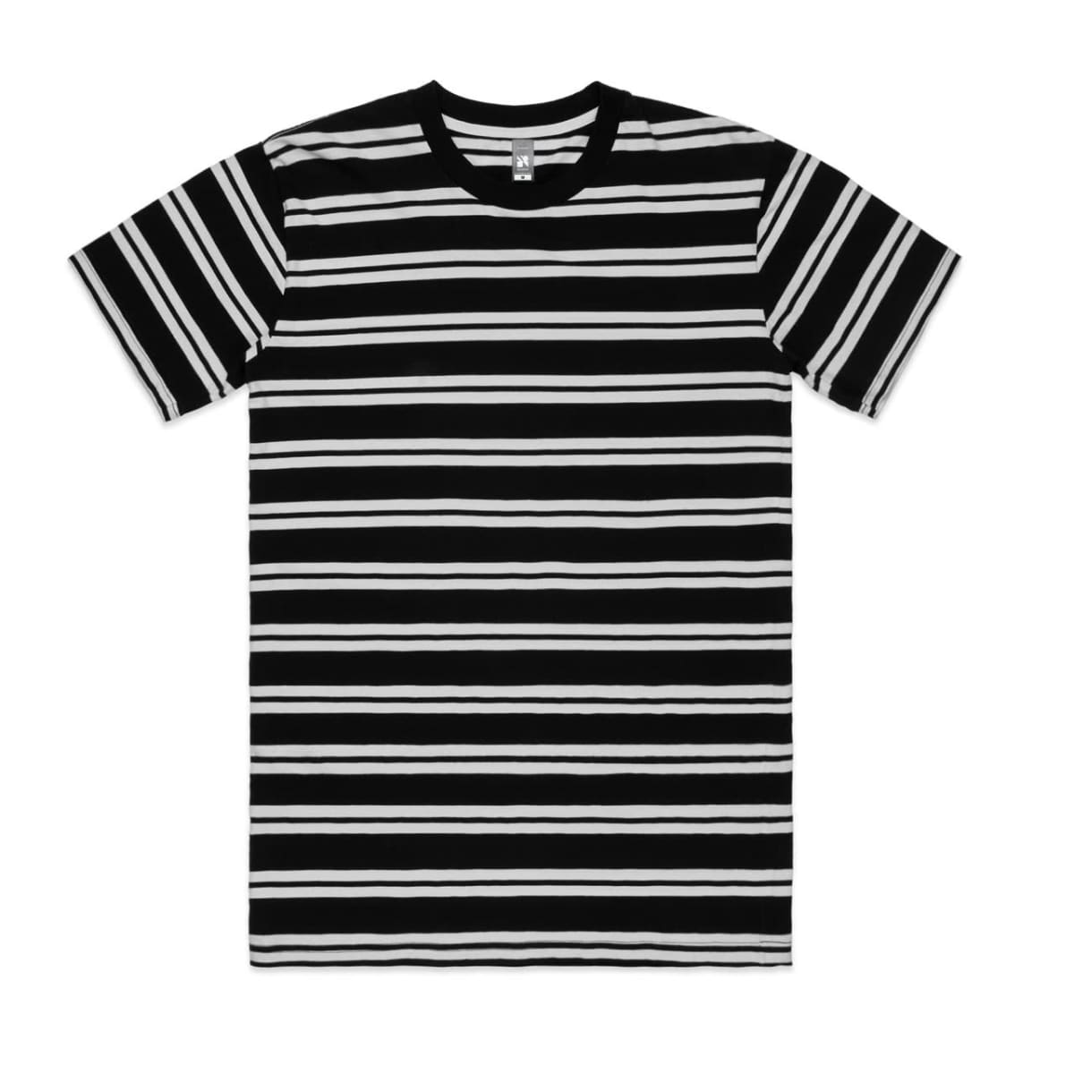 Black T-shirt with horizontal white and gray stripes, laid flat on a white background.