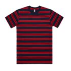 Navy blue t-shirt with horizontal red stripes.