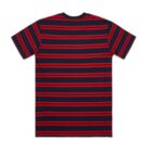 Navy blue t-shirt with horizontal red stripes, shown from the back.