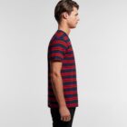 Man in a red and navy striped t-shirt standing in profile against a plain light background.