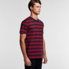 Man wearing a navy blue t-shirt with red horizontal stripes, standing against a plain background.