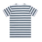 White t-shirt with black horizontal stripes, shown from the back.
