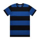 Blue and black striped short-sleeve t-shirt laid flat on a white background.