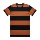 Short-sleeve t-shirt with wide black and orange horizontal stripes, laid flat.