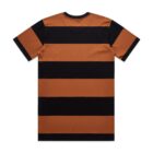 Short-sleeve t-shirt with wide horizontal black and brown stripes, shown from the back.