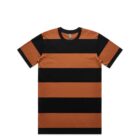 Short-sleeve t-shirt with wide black and orange horizontal stripes on a white background.