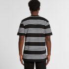 A man wearing a black and white striped T-shirt, seen from the back.