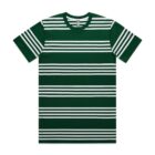 Green short-sleeve t-shirt with white horizontal stripes of varying thickness.