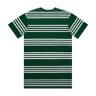 Green t-shirt with white horizontal stripes, displayed flat with the back side facing up.