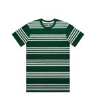 Green t-shirt with white horizontal stripes, laid flat on a white background.