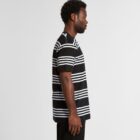 Man in black and white striped t-shirt standing in profile against a plain white background.