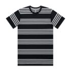 Black t-shirt with white horizontal stripes of varying thickness.