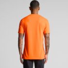 Man with tattoos wearing an orange t-shirt, seen from the back against a plain background.