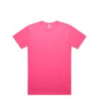 A plain bright pink short-sleeve T-shirt laid flat on a white background.