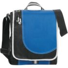 Blue and black messenger bag with a shoulder strap and earphones.