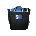 Black tote bag with blue and white striped handles and a front pocket.
