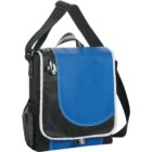 Blue and black messenger bag with a shoulder strap and earphones attached.