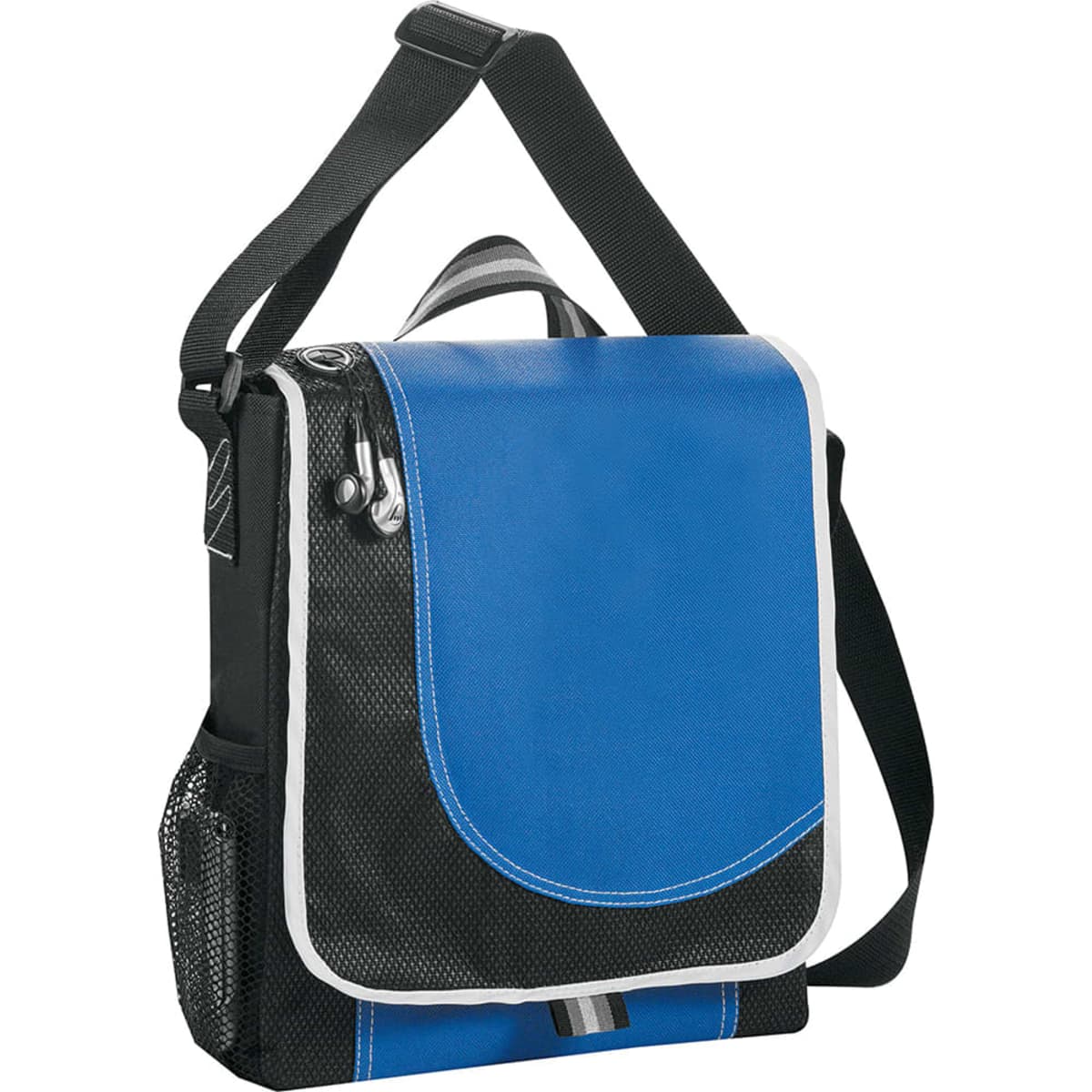 Blue and black messenger bag with a shoulder strap and earphones attached.
