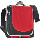 Red and black messenger bag with a shoulder strap and top handle.