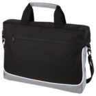 Black and gray laptop bag with a front zipper pocket and handles.
