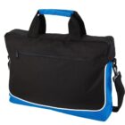 Black and blue messenger bag with shoulder strap and front zipper pocket.